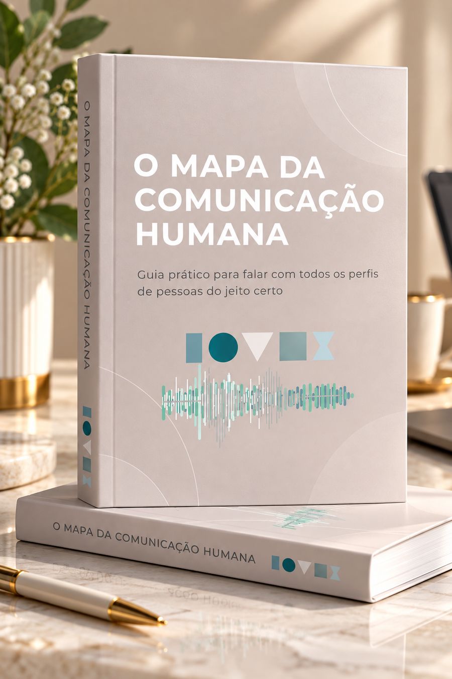 E-book O Mapa da Comunicação Humana em capa dura sobre uma mesa clara, com flores e uma caneta dourada